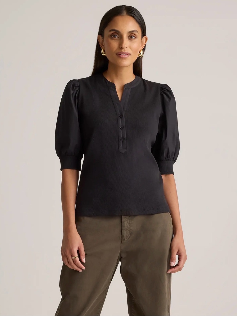 Cotton Mixed Media Black Puff-Sleeve Top XS - Retail $40